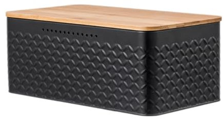 Pasdrucn 33x18x13.5cm Bread Bins for Kitchen, Small Bread Bin with Bamboo Lid, Bread Storage Containers, Bread Box with Wooden Lid for Cutting Bread Board, Cream Bread Bin, Wooden Bread Bin (Black)