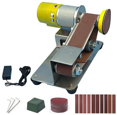 Mini Bandschleifer, 7-Stufig Verstellbarer Polierer,Elektrischer Band Schleifmaschine, Band-Tellerschleifer mit 10pcs 330x30 mm Schleifbänder Geliefert, Schleifscheibe und Polierscheibe