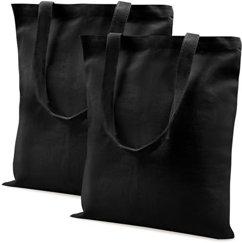 Vaktop Jutebeutel, 40x35cm Stofftasche, 2 Stück Baumwolltasche Unbedruckt, Stofftaschen zum Bemalen, Stoffbeutel Einkaufstasche mit Zwei Langen Henkeln für Sport, Shopping, Lebensmittel (Schwarz)