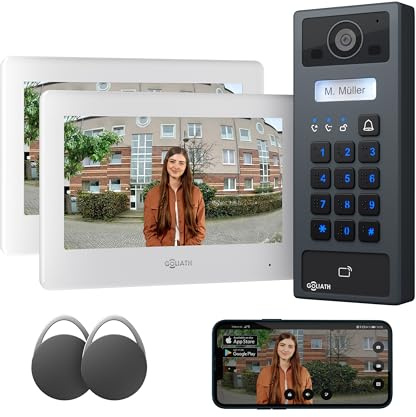 GOLIATH Basic 2-Draht Bus Video-Türsprechanlage, Full-HD, App-Steuerung, 2X 7 Zoll Monitore in Weiß, RFID & Keypad, 1-Familienhaus, Aufputz, AV-BLS-K-02W