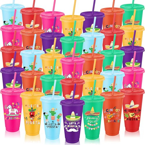 35 vasos de plástico reutilizables de 710 ml con popote y tapa, botella de agua mexicana, taza de viaje para café helado, taza de viaje para fiesta de cumpleaños, decoración de fiesta del Cinco de