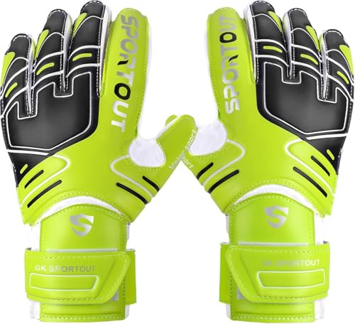 Sportout Torwarthandschuhe, Fußballhandschuhe mit Fingersave, Torwarthandschuhe Kinder,Herren mit rutschfeste 4mm Latex, Torwart Handschuhe für Kinder, Erwachsene und Jugendliche (Green, 5)