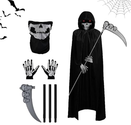 Coffee Life Plus Deguisement Halloween Faucheuse,Déguisement Faucheuse pour adultes et enfants,masque de crâne, faux, gants de squelette,Cape Noire à Capuche pour la Halloween,Cosplay,Carnaval
