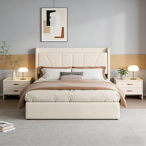 Letto Imbottito 160x200 cm con USB Type C e LED, Letto Matrimoniale con Contenitore Sollevabile, Idraulico, Letto Contenitore con Rete a Doghe e Telaio in Metallo, Senza Materasso (Beige, 160X200CM)