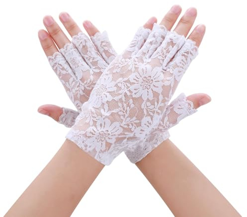 Damen Spitzen Handschuhe,Braut Halbfinger Schwarze Kurze Spitze Fingerlose Handschuhe für Hochzeiten Dinnerpartys Gloves Weiß