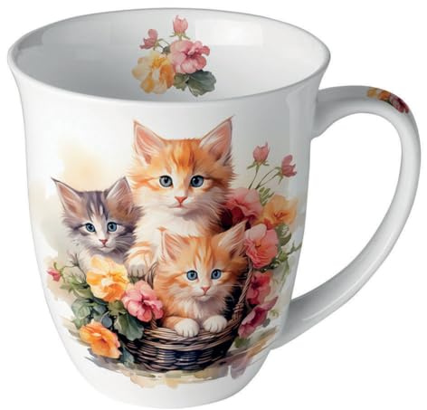 Ambiente Kaffee Tee Porzellantasse Henkelbecher 400ml XL Jumbotasse Fine Bone China Porzellan Katzen Blumen