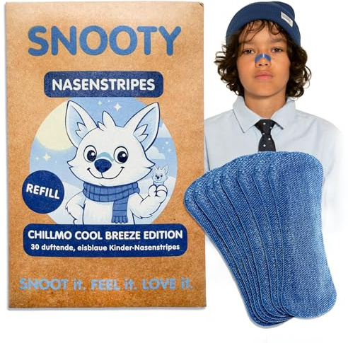 SNOOTY Kinder Nasenstripes CHILLMO (Polarfuchs) – Sanfte Nasenpflaster für Kinder ab 4 Jahren, mit frischem Duft, bio-zertifiziert & atemaktiv, Refill-Pack (30 Strips)