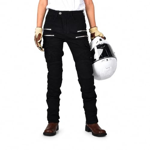 VOLERO Jean Moto Femme, Pantalon De Moto Femme, Cargo Biker Multipoches, Coupe Ergonomique, Style Urbain, Pantalon Moto Femme 4 Saisons (Noir,Grand)
