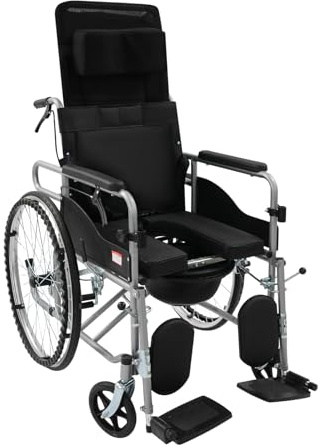 Verstellbar Rollstuhl, Rücken 90°-150°, Faltbar Duschstuhl mit Töpfchen&Esstablett, Sitz 45 x51cm, Dusch Toilettenrollstuhl für Senioren, Liegerollstuhl für Erwachsene, Bad Toilettenstuhl, 100kg