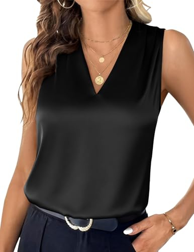 Zeagoo Top Satén Mujer Elegante Blusas Sin Mangas Cami Top Verano Tank Top Escote V Camisetas Negro M