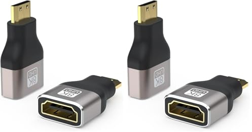 PremiumCord 8K Adaptador HDMI A Hembra a Mini HDMI Macho F/M, UHD 8K 3840p 60Hz, 4K 2160p 120Hz, Full HD 1080p, Carcasa de Aluminio, Conectores Dorados, Color Gris Espacial (Paquete de 2)