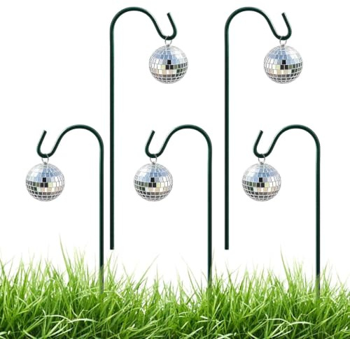 Wuquei 5-pack trädgårdsdiscokula med markspett, silver sprucken spegelglasyta, vattentät utomhusdekoration för terrass, gräsmatta och stigar