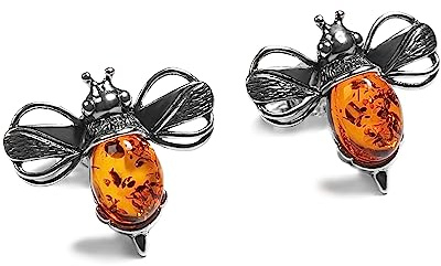 HENRYKA Silver & Cognac Amber Bumble-Bee Studs | 925 Sterling Silver Honey Bee Gemstone Earrings | Cute Fashion Accessory & Jewellery Gift for Her & Women