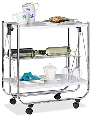 Relaxdays Camarera Plegable para Cocina con 4 Ruedas, Cesto de Rejilla y 2 Baldas, Acero, Blanco, 68,5 x 68 x 40,5 cm