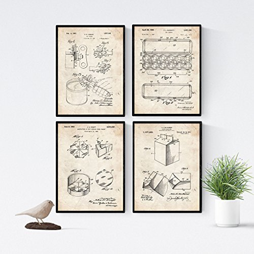 Nacnic VINTAGE - Pack of 4 sheets with PATENTS MEAL. Set posters with inventions and old patents. Choose the color you like. Printed on 250 grams