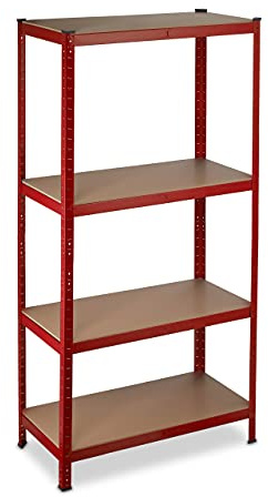 Relaxdays Etagère lourde charge, capacité 700 kg, 150x70x30 cm, 4 niveaux, à clipser, acier, pour cave & garage, rouge