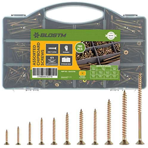 BLOSTM 780PC Wood Screws Assortment - Large Zinc Plated Screw Set, Extra Strong Assorted Screws For Wood Fences, Doors, Floorboard Etc. - Assorted Wood Screws with Screw Box Organiser