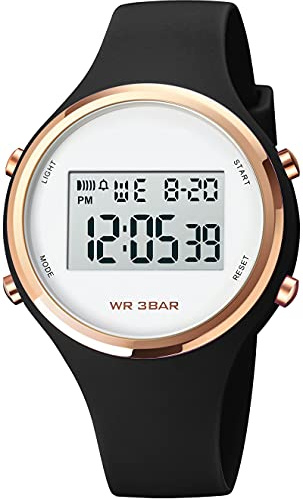 findtime Uhren Damen Digitale Armbanduhr Frauen Kinderuhr Mädchen Multifonktion Damenuhr Digital Silikon Armband mit Licht Alarm Stoppuhr Rosegold