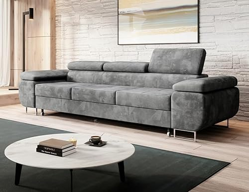 Easy4You Schlafsofa Norberg - 279 cm - Velour Grau - 3 Sitzer Sofa - Werstellbare Kopfstützen - Couch mit Schlaffunktion - Stoff: Monolith M-85