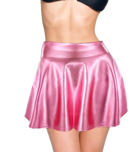 Yolev Mini Jupe Short de Skate Scintillante pour Femme Jupe Sequin Paillette Plissée Evasée Taille Haute Jupes Métallique de Carnaval Humide Tenue Disco Femme (Rose)
