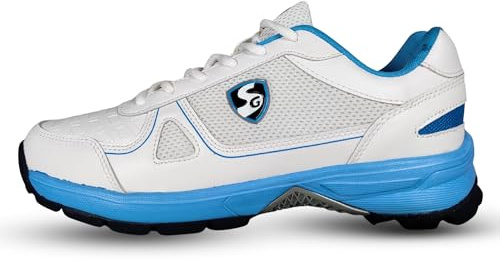 SG Scorer 6.0 Rubber Spikes Cricket Shoes, White/Aqua/Black, 6 UK