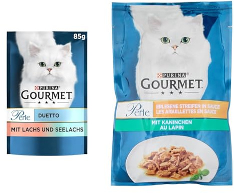 Gourmet PURINA Gourmet Perle Duetto Katzenfutter nass, mit Lachs und Seelachs, 26er Pack (26 x 85g) & rle Erlesene Streifen Katzenfutter nass, mit Kaninchen, 26er Pack (26 x 85g)
