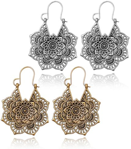 HZAOPZE 2 Paar Vintage Boho Mandala Blume Ohrringe - Gold Tropfen Tribal Ethnische Creolen Schmuck für Mädchen und Frauen (Gold und Silber)