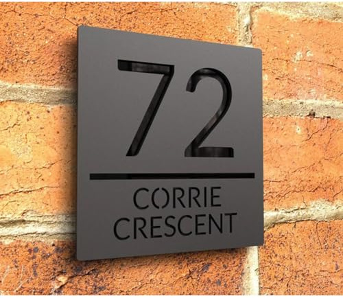 Hausnummernschild aus Acryl, modernes Hausnummernschild für draußen, lasergeschnitten, 3D, individueller Straßenname, dekorative Hausnummern (schwarz, 25 x 25 cm)