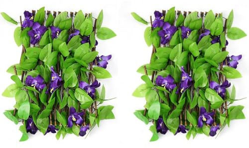 Expanding Garden Trellis Panels - 200x40cm Expandable Fence Screening With Artificial Ivy and Violet Flower | Privacy Screen With Faux Ivy | Greenery Backdrop