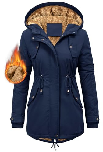CMTOP Manteau Femme Hiver Veste Doublure en Polaire Chaude Parka Imperméable à Capuche Blouson Peluche Épaisse Thermique Manteaux Couleur Unie Zippé Décontracté Outercoat avec Cordon(Marine,M)