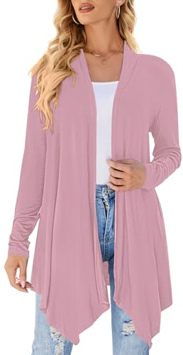Uvog Cardigan da donna drappeggiato aperto sul davanti casual a maniche lunghe leggero cardigan maglioni spolverino, Rosa scuro, XL