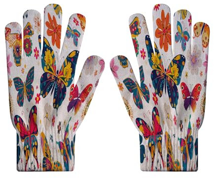 Damenhandschuhe – Bunte Handschuhe Mit Schmetterlings-Print,Strickhandschuhe Mit Touchscreen,Arbeitshandschuhe Mit Herbst-Print Im Bohemian-Stil Herren Und Damen Outdoor-Sport,Autofahren,Laufen