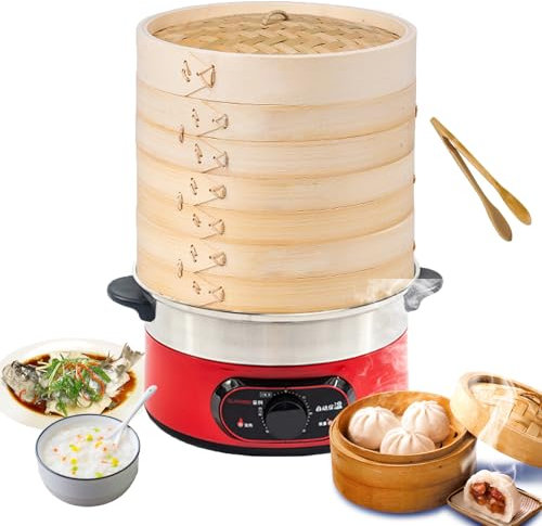Vaporiera Elettrica per Alimenti, Vaporiera per Verdure A 2 Livelli con Vaporiera in bambù con Timer da 60 Minuti, Spegnimento Automatico E Protezione Contro L'ebollizione, Rimovibile da 1500 W Red