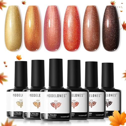 Modelones Gel Nail Polish Set, 6 Colors Autumn Glitter Brown Orange Gel Polish Champagne Glitter Nail Polish Soak Off UV LED Manicure Kit