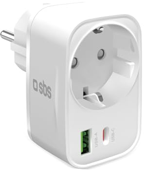 SBS USB-A USB-A multi-uttag, Schuko-uttag max 3 500 W, Power Delivery (PD) 20 W, snabbladdning, USBC- och USBA-laddare, laddare för iPhone, Samsung och surfplatta, vit