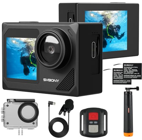 SVBONY SVGo2 4K Underwater Camera, Action Camera, Touchscreen 50 MP, Dual Screens, 30M, Floating Selfie Stick, with Wired Microphone, EIS Adjustable with Accessories Kit