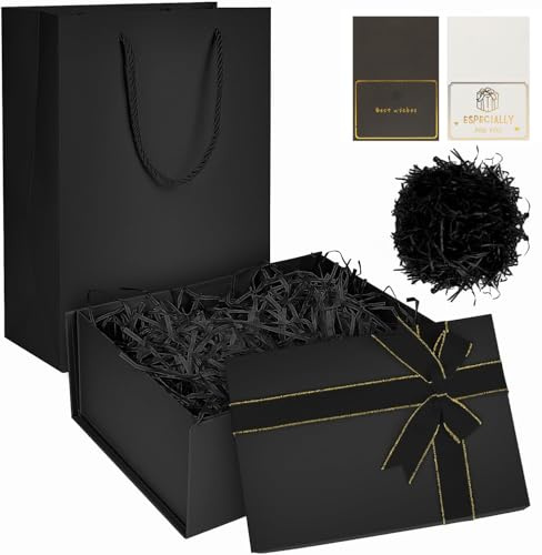 HENGBIRD Scatola Regalo con Coperchio 22,5×16×8,5 cm – Scatola Regalo Nera Pieghevole con Nastro e Borsa – Scatolas Regalos di Lusso con Biglietto e Riempitivo per Compleanno Matrimonio Natale Festa