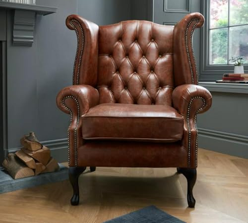 Chesterfield - Sedia Queen Anne con schienale alto, 100% vera pelle vintage, con schienale alato, realizzata a mano nel Regno Unito, con gambe in mogano e classici dettagli profondi con bottoni