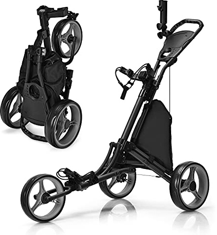 GYMAX 3/4 Wheel Golf Cart Lightweight Height Adjustable with Storage Bag, Foot Brake, Umbrella Holder and Integrated Cooler, Foldable Golf Bag Holder