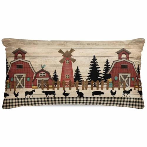 Gusidachig Brown Farmhouse Satin Pillowcase for Hair and Skin with Zipper, Soft Breathable Cooling Silk Pillow Cases, Vintage Country Animals Wood Grain Plaid Throw Pillow Covers King Size 20x40