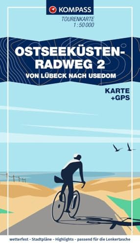 KOMPASS Fahrrad-Tourenkarte Ostseeküstenradweg 2, von Lübeck bis Usedom 1:50.000: GPX-Datei zum Download, Leporello Karte, reiß- und wetterfest