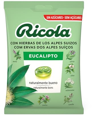 Ricola - Eucalipto, Caramelos Duros Sin Azúcar, 70 g | Menta, 13 Hierbas Suizas, Aceites Esenciales, Refresca, Suaviza la Garganta, con Edulcorantes, Sabor Eucalipto, 70 g