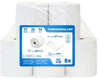 THERMALKING EC Cash Rollen Thermopapier 57mm x 35mm x 12mm - Thermorollen 57x35x12 für EC & Kredit-Kartenlesegeräte - Thermal Rolls for EC Device - Für Systeme bis 14m Papierbedarf (5 Stk)
