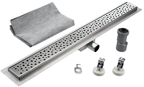 KOBERT GOODS Edelstahl-Rinne G026-90cm mit Siphon und Haarsieb als Komplett-Set Boden und Dusch-Ablauf Unterschiedliche Muster und Variationen in den Größen 50-120cm erhältlich