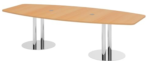 bümö Konferenztisch oval 280x130 cm in Buche, Tischsäulen verchromt - Großer Besprechungstisch, Meetingtisch für 10 Personen, XXL-Tisch für Konferenzraum, Meeting & Besprechungsraum