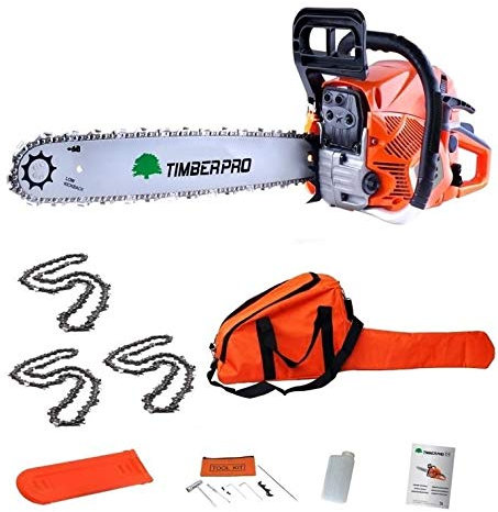 Tronçonneuse Timberpro 62 cm3 guide de 50 cm, 3 chaines + housse de transport et accessoires