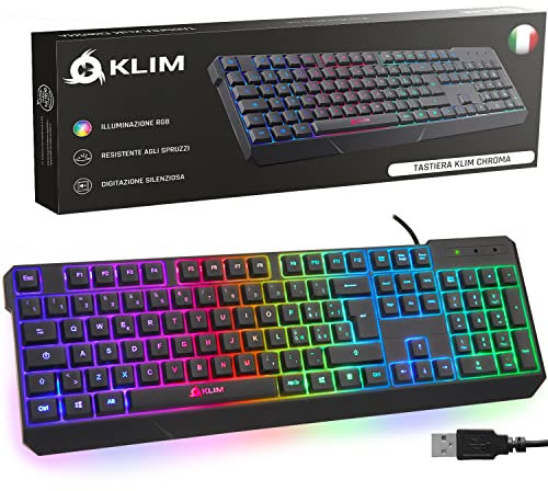 KLIM Chroma Tastiera Italiana per Gaming USB - Nuova Versione 2023 - Colori da Videogioco e Retroilluminata - Tastiera da Gioco - Tastiera per Videogame, PC PS4 PS5 Windows, Mac - Nero