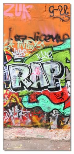Wallario Selbstklebende Türtapete mit Schutzlaminat Rap-Graffiti- Wand mit verschiedenen Tags - Türposter 93 x 205 cm Abwischbar, rückstandsfrei zu entfernen