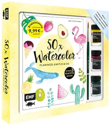 50 x Watercolor – Flamingo, Kaktus & Co. – Starter-Set – Sonderausgabe: Die beliebtesten Aquarellmotive in nur 5 Schritten – Buch, 3 original Marabu Aqua-Ink-Graphix-Farben und Pinsel