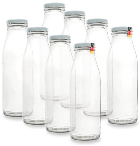 Flaschenbauer - Milchflaschen 500ml 8er Set - Glasflaschen zum Befüllen, weiße Glasflasche mit Twist-Off Deckel & Ersatzdeckel, Saftflaschen, Smoothie Flasche, Vorratsflaschen - Made in Germany